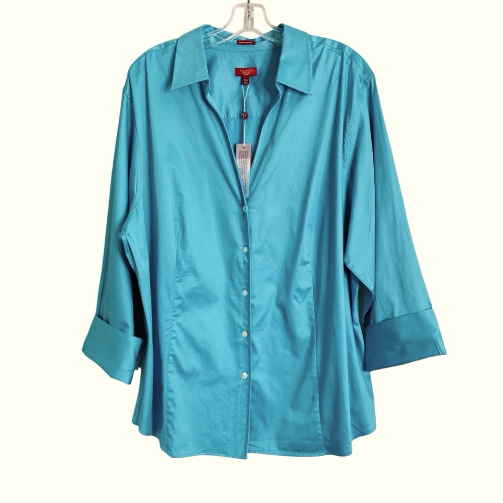 Talbots Button Down Stretch Cotton Sateen Blouse Aqua Jewel Tone (Plus Size 22W)